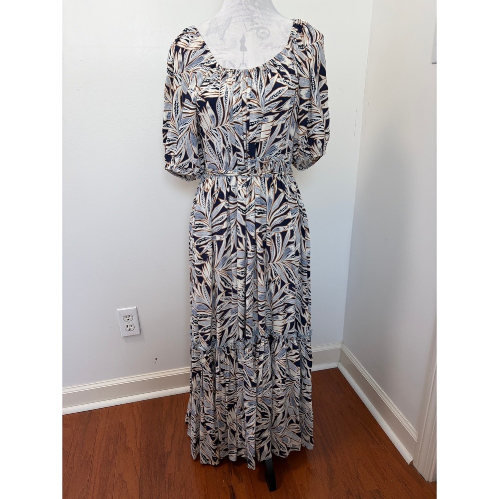 Karen Kane Costa Palmas Maxi Dress Women S Boho Tropical Leaf Puff Sleeve Tiered